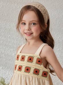 Blossori Young Girls Linen Floral Lace Trim Camisole Dress For Vacation - Khaki - View 4