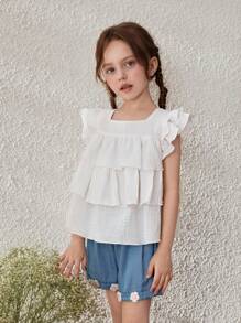 Blossori Conjunto de 2 piezas para niñas con blusa de volantes de lino y shorts, conjunto de vacaciones - Azul y blanco - Ver 4