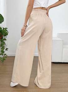 SHEIN EZwear Paperbag Waist Wide Leg Pants - Khaki - View 2
