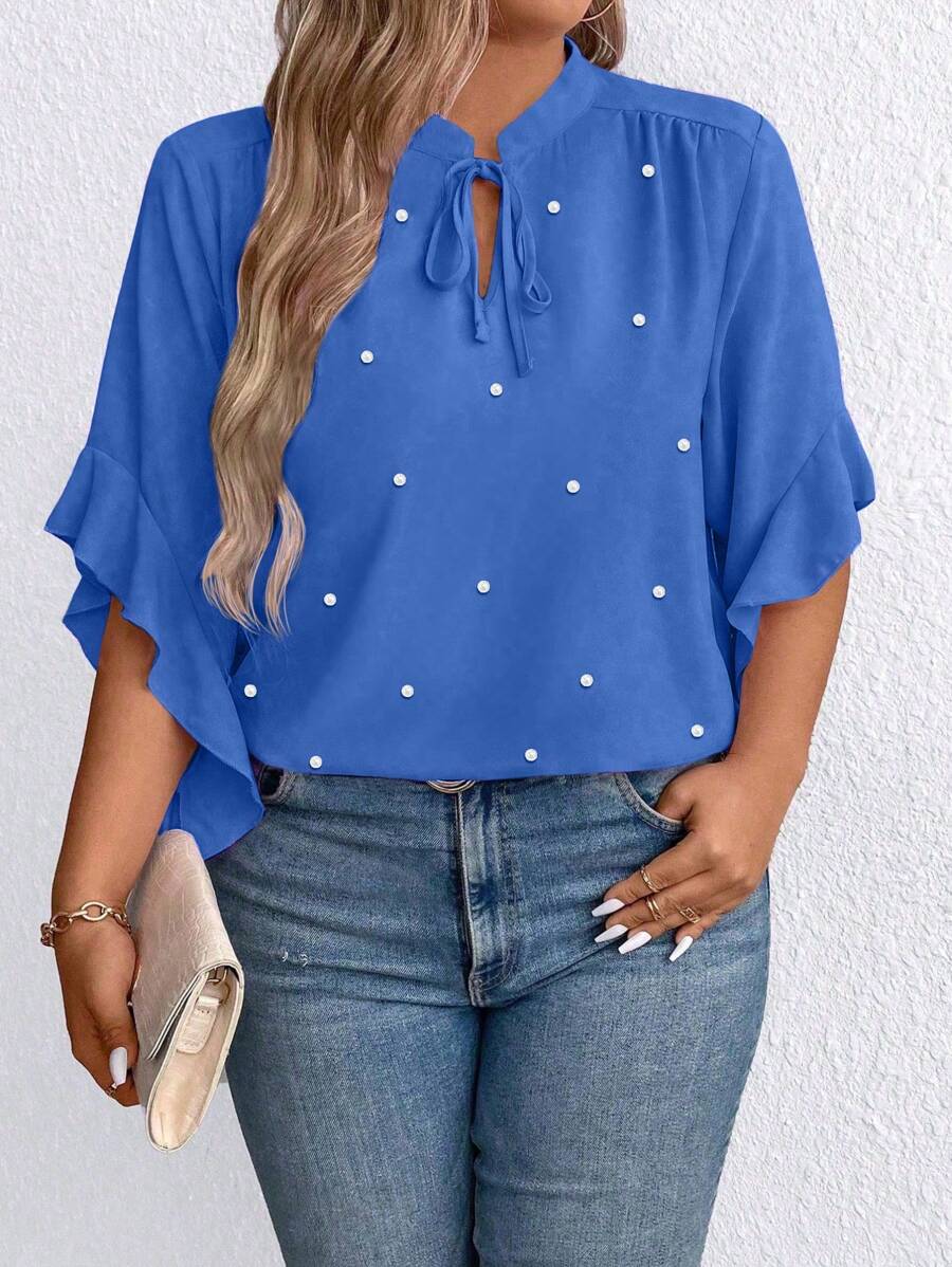 Plus Size Women Solid Color Pearl Decor Lace-Up Collar Short Sleeve Blouse - Blue - View 1