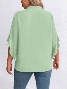 Plus Size Women's Solid Color Drawstring Collar Faux Pearl Decor Elegant Blouse - Green - View 2