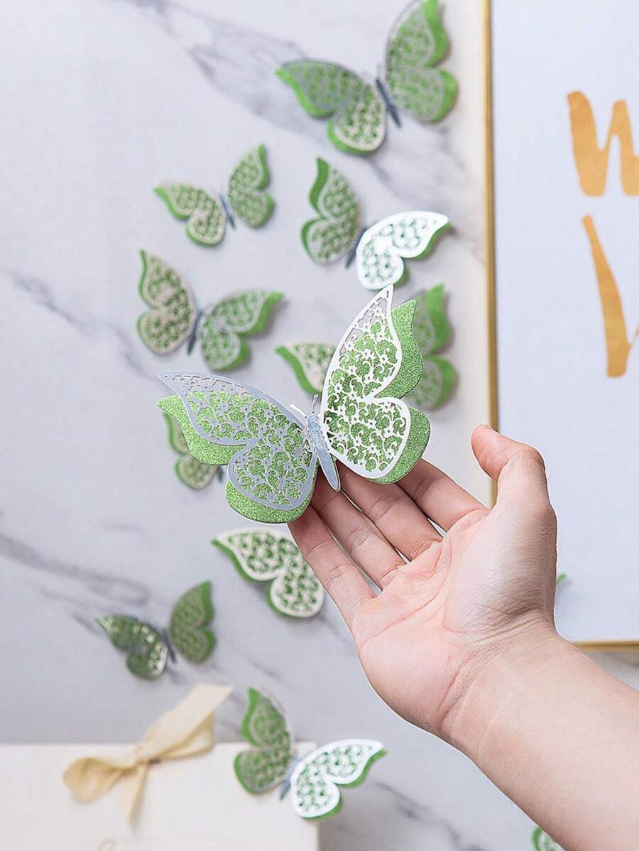 12 件可折叠双层绿色蝴蝶贴纸，空心纸墙面装饰贴纸，用于家居装饰，贴纸，墙贴花，用于家居装饰的乙烯基贴花，春季装饰品让您的家焕然一新，拉玛装饰贴纸 - 彩色 - 查看 1