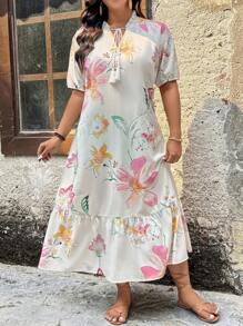 SHEIN LUNE Plus Size Boho Midi Dress For Women: Floral Print Woven Fabric With Tie Neck And Ruffle Hem Detail, Half Sleeve, Multicolor, Flounce Hem, Perfect For Summer - Multicolor - View 8