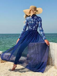 Swim Mulvari Women's Boho Retro Blue & White Print 3 Pieces Burkini Set: Top, Skirt & Cover-Up, Elegant Casual For Spring & Summer Beach, Holiday, Party - Multicolor - View 3