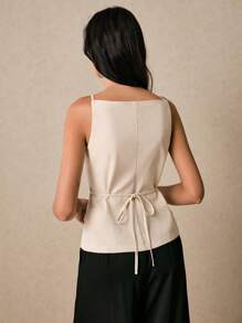 Poéselle 女式夏季通勤V领荷叶边下摆衬衫 - 杏色 - 查看 5