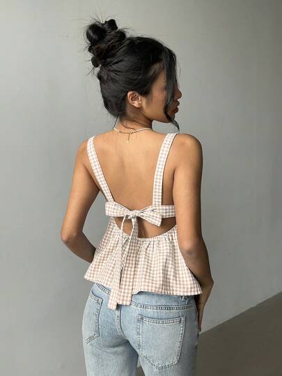 Aloruh 格子蝴蝶结装饰女士荷叶边下摆吊带背心，露背上衣