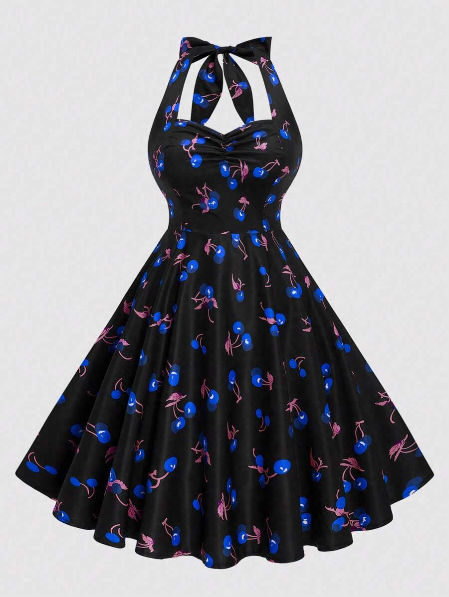 Flirla 大码情人节樱桃印花吊带A字连衣裙 - 彩色 - 查看 1