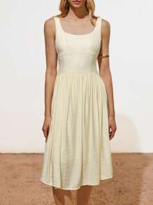 Lumivelle Women's Elegant Office Minimalist Back Cross Racerback Dress With Textured Fabric - Apricot - View 1