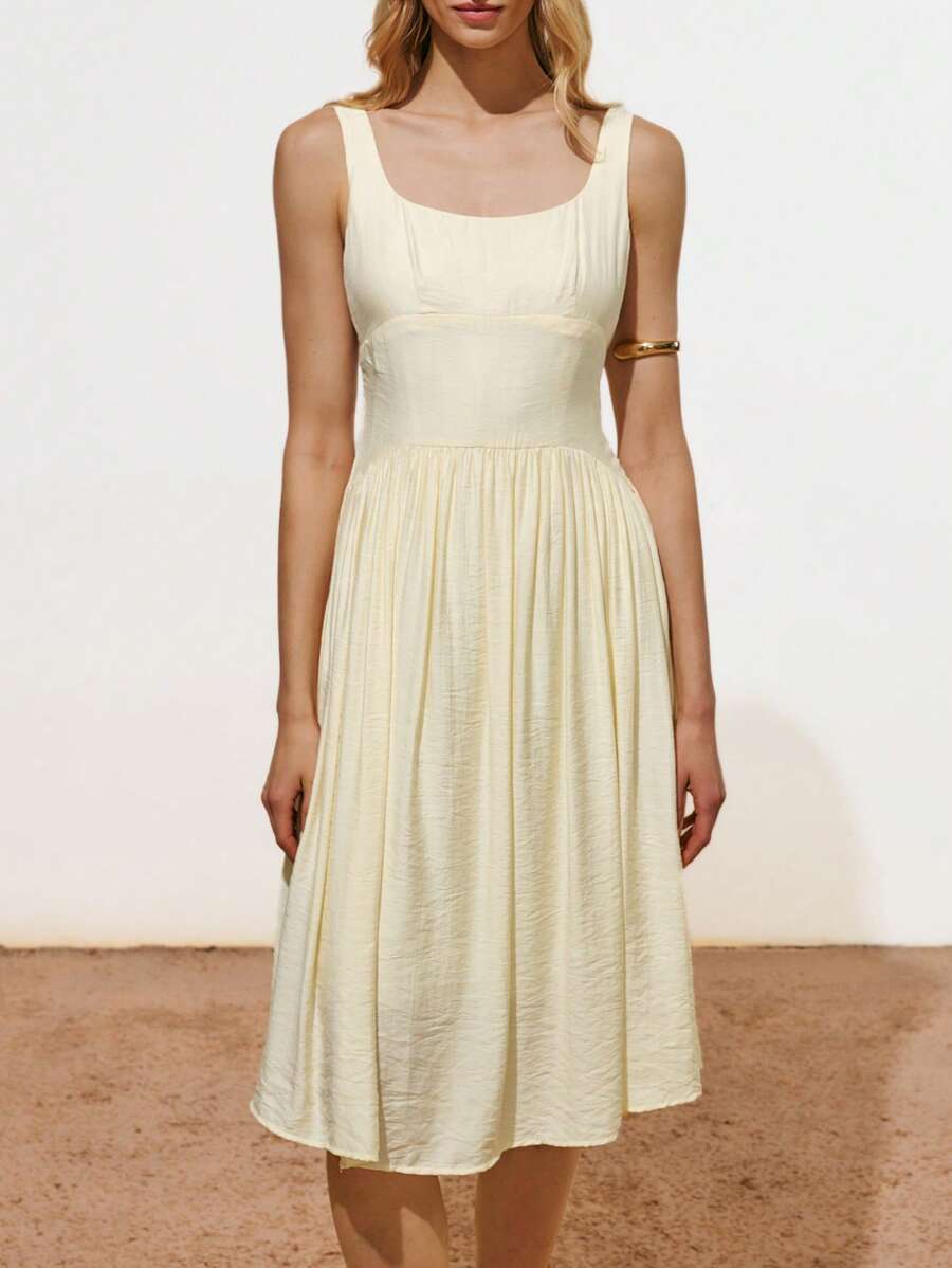 Lumivelle Women's Elegant Office Minimalist Back Cross Racerback Dress With Textured Fabric - Apricot - View 1