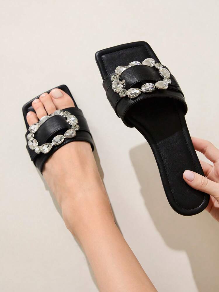 CUCCOO CHICEST Women's Summer New Arrivals Crystal Buckle Square Toe Flats, Elegant Luxury Casual Comfortable Black Faux Leather Ladies Flat Sandals For Afternoon Tea, Dates, Fashion Parties