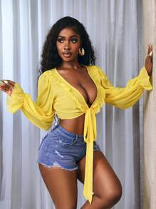 BamGleam Women's Solid Color Ruffle Splice Twist Hem Cropped Thin Jacket - Yellow - View 3