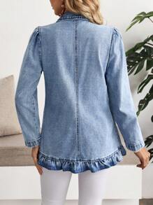 EMERY ROSE Women's Casual Denim Jacket With Ruffle Hem And Long Sleeves - Blue - View 7