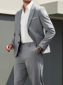 Manfinity Mode Plus Size Men's Solid Color Suit Jacket And Pants Set, Fashionable For Summer - Grey - View 3