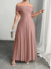 Modelyn Off-Shoulder Elegant Fitted Long Dress - Dusty Pink - View 1