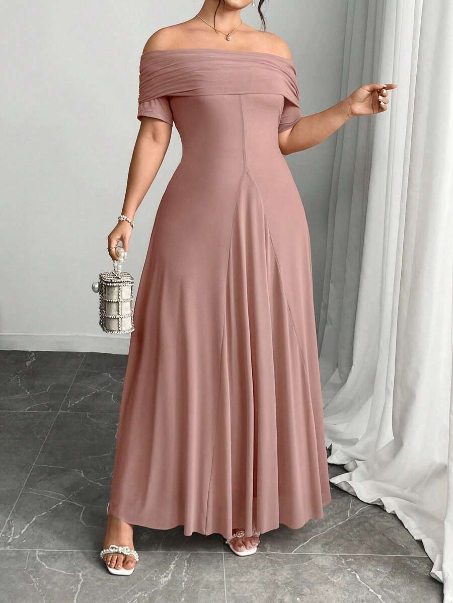 Modelyn Off-Shoulder Elegant Fitted Long Dress - Dusty Pink - View 1