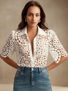 Anewsta 女士优雅花卉镂空蕾丝衬衫，度假、节日、海滩、节日、夏季、春季 - 白色 - 查看 5