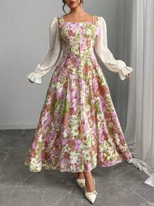 Modelyn Plus Size Woven Multi-Color Print Long Sleeve Cinched Waist A-Line Dress - Purple - View 3