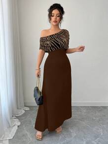 SHEIN Unity Asymmetrical Collar Striped Patchwork Bodycon Sexy Party Dress - Brown - View 4