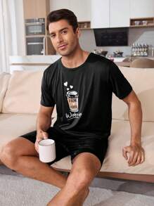 Simple Coffee Cup Print Casual Men Pajamas Set - Black - View 6