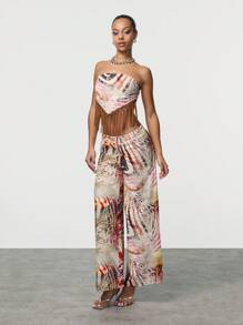 SHEIN Unity Strapless Scarf With Tassel Sexy Holiday Flower Print Blouse - Multicolor - View 3
