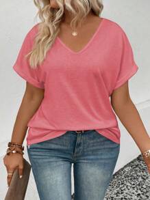 SHEIN LUNE CURVE Áo thun nữ tay ngắn cổ chữ V dáng rộng thoải mái, đa năng, cỡ lớn, mùa xuân/hè - Màu Hồng  Dưa hấu - Xem 5