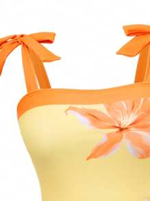 SHEIN Swim 2 件套女士简约花卉印花交叉系腰连体泳衣和系腰沙滩裙泳装，夏季 - 彩色 - 查看 4