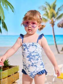 Baby Girls Retro Landscape Pattern Playsuit One-Piece Swimwear - Multicolor - View 4