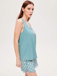 LUVLETTE Weiches Baumwoll Blau Urlaubs Quasten Saum Basis Trägerhemd & bedruckte Shorts Damen Loungewear luftiger Pyjama Set Urlaubs Lingerie als Oberbekleidung