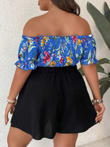 SHEIN Holidaya Tuta corta senza spalle con stampa tropicale di piante per taglie comode