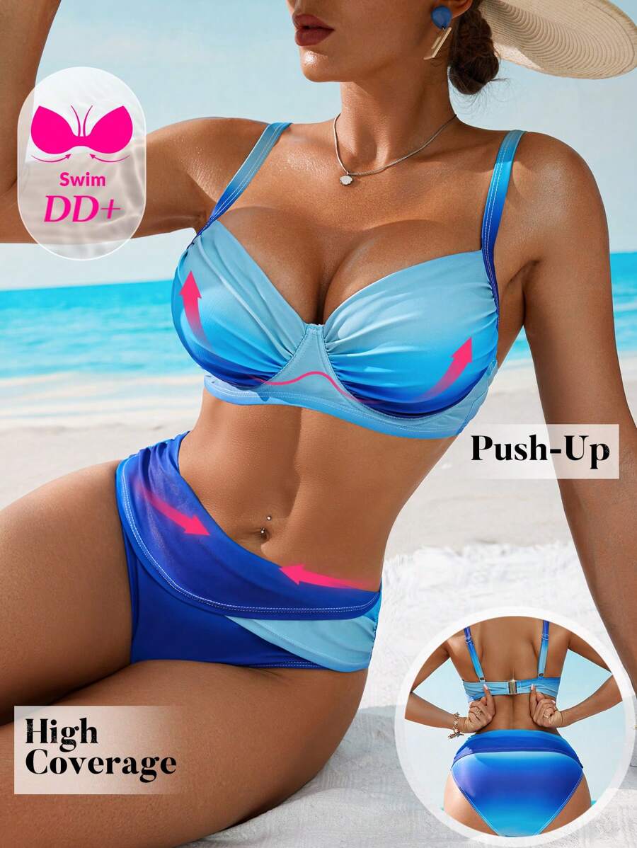Swim DD+ Ombre Pleated Underwire Tankini Swimsuit Set For Summer Beach Vacation - Multicolor - View 1