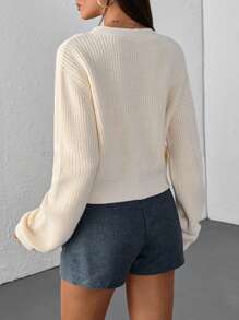 EURMUSE Women Tie Front Knit Cardigan With Balloon Sleeves - Beige,Long Cardigans Woman,Petite Cardigans,Cardigans - Beige - View 2