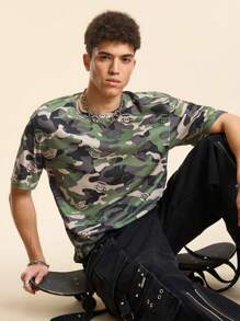 Paul Frank X SHEIN Men's Camo & Cartoon Print Round Neck Short Sleeve T-Shirt, Suitable For Summer