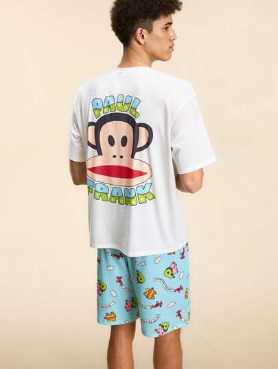 Paul Frank X SHEIN Men's Cartoon & Letter Print Short Sleeve T-Shirt And Shorts Set