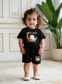SHEIN 开斋节 - 个性化 - 女婴开斋节可爱印花 T 恤套装 - 黑色 - 儿童第一个开斋节 - T 恤开斋节礼物