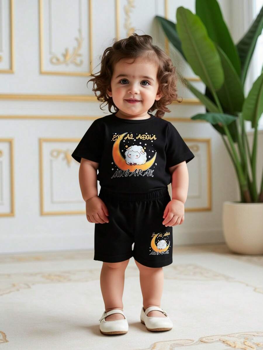 SHEIN 开斋节 - 个性化 - 女婴开斋节可爱印花 T 恤套装 - 黑色 - 儿童第一个开斋节 - T 恤开斋节礼物