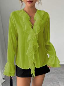 Rafferiza Blusa holgada de mujer de gasa de unicolor con mangas farol, cuello en V y lazo delantero, estilo francés elegante para el otoño