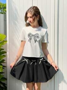 SHEIN 2 Pieces Set: Casual Simple Comfy Crew Neck Top With Bow Design & Pleated Skirt For Teen Girls - Black - View 4