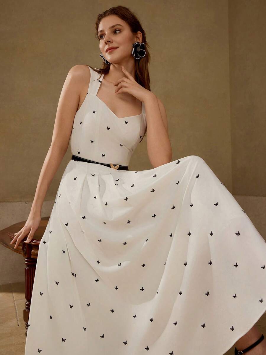 MOTF PREMIUM VESTIDO EESTAMPADO DE MARIPOSA CON CINTURÓN - Blanco - Ver 1