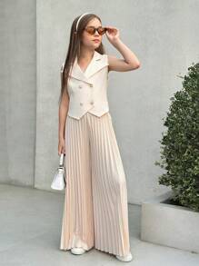 SHEIN Nova Glow Tween Girls' Urban School Style V-Neck Sleeveless Vest Top And Wide Leg Pleated Long Pants Set