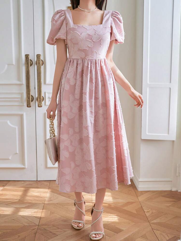 Solid Color Square Neck Puff Sleeve Women Midi Dress