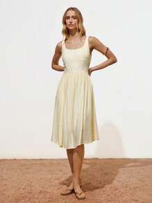 Lumivelle Women's Elegant Office Minimalist Back Cross Racerback Dress With Textured Fabric - Apricot - View 6