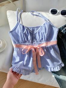 Comfortcana Áo hai dây thiết kế nút bèo nhún cho nữ - Màu xanh lam - Xem 4
