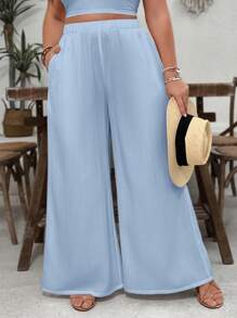 SHEIN VCAY Plus Size White Textured Fabric Loose Casual Wide Leg Pants With Pockets, Suitable For Vacation & Valentine's Day,Summer Pants