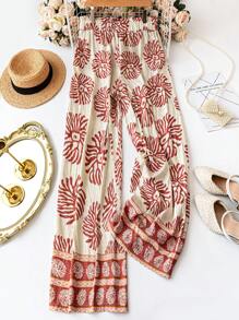 SHEIN LUNE 大码女式复古印花宽松裤，春夏新款设计，通勤简约办公室老款，假日优雅，度假风格，假日，波西米亚风，母亲节