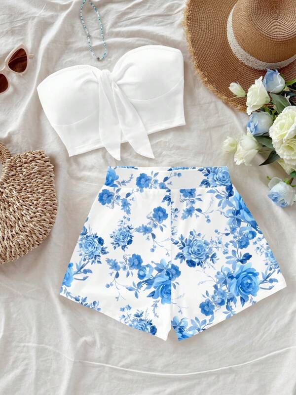 Soleia Set 2 bucăți albastru retro model floral stil vintage ocazional vacanță sexy drăguț Y2K Coconutgirl festival de muzică boho potrivit pentru doamnele de vară