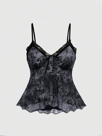 Hippie Plus Size Vintage Boho Paisley & Floral Print Lace Patchwork Ribbon Tie Asymmetrical Hem Cami Top, Summer