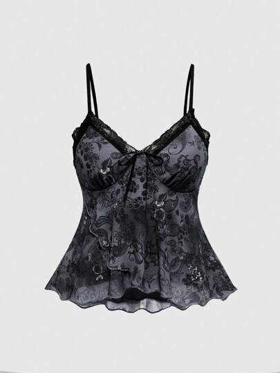 Hippie Plus Size Vintage Boho Paisley & Floral Print Lace Patchwork Ribbon Tie Asymmetrical Hem Cami Top, Summer