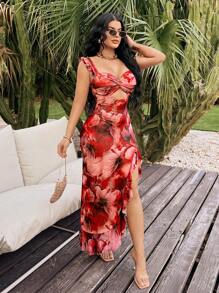 SHEIN SXY Vestido elegante de verano con estampado floral retro en tela de malla, con volantes en el bajo y abertura alta, para mujer - para vacaciones/cumpleaños/citas/fiestas/carnaval/graduación/baile