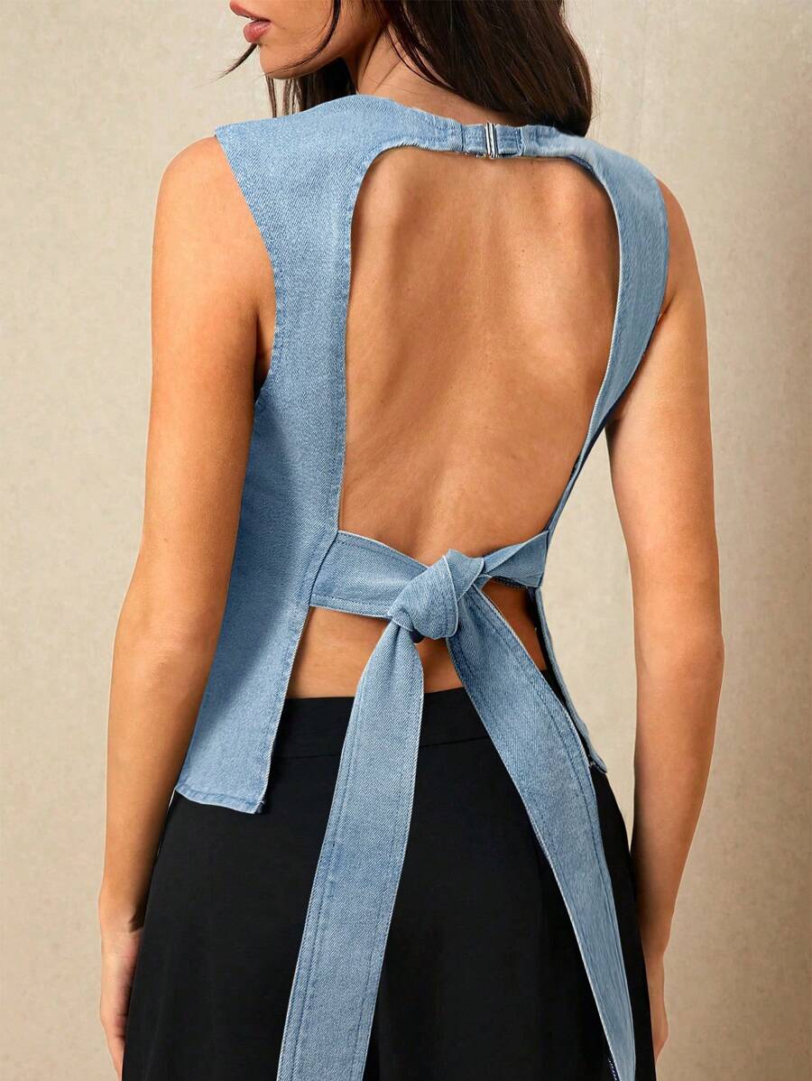 Poéselle Women's Light Wash Denim Top, Sleeveless Round Neck Backless Tie-Back Design, Regular Length Asymmetrical Hem Casual Summer Top