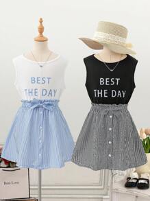 SHEIN 2 件套年轻女孩套装，针织弹力字母装饰背心和条纹印花前排纽扣裙套装 - 彩色 - 查看 1